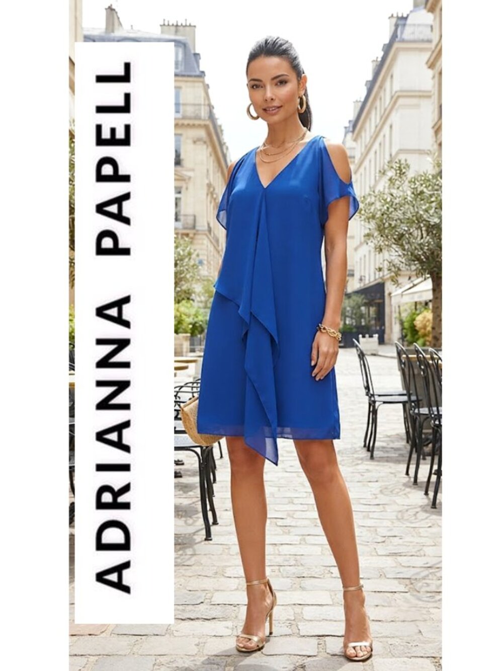 ADRIANNA PAPELL - Cobalt blue cold shoulder v-neck ruffle dress